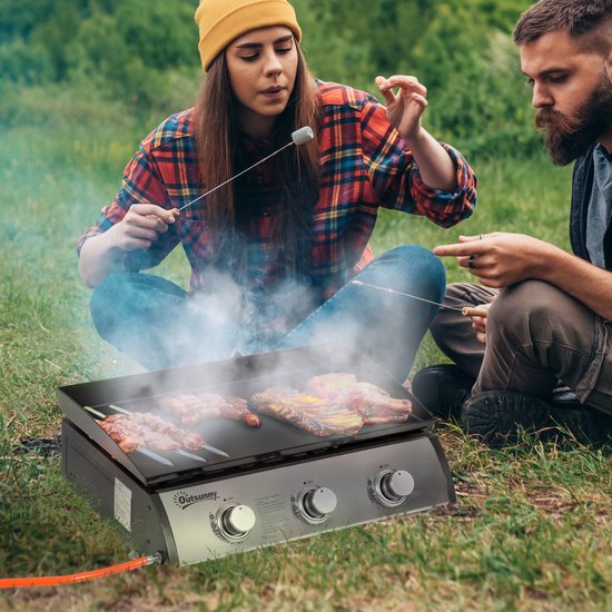 Plancha-grill-draagbaar-met 3 branders (50 mbar)-DE+AT incl. regelaar en vetopvangbak-kleine grill voor balkon-terras-tuin-mini-gasgrill voor thuis-camping — afbeelding 4