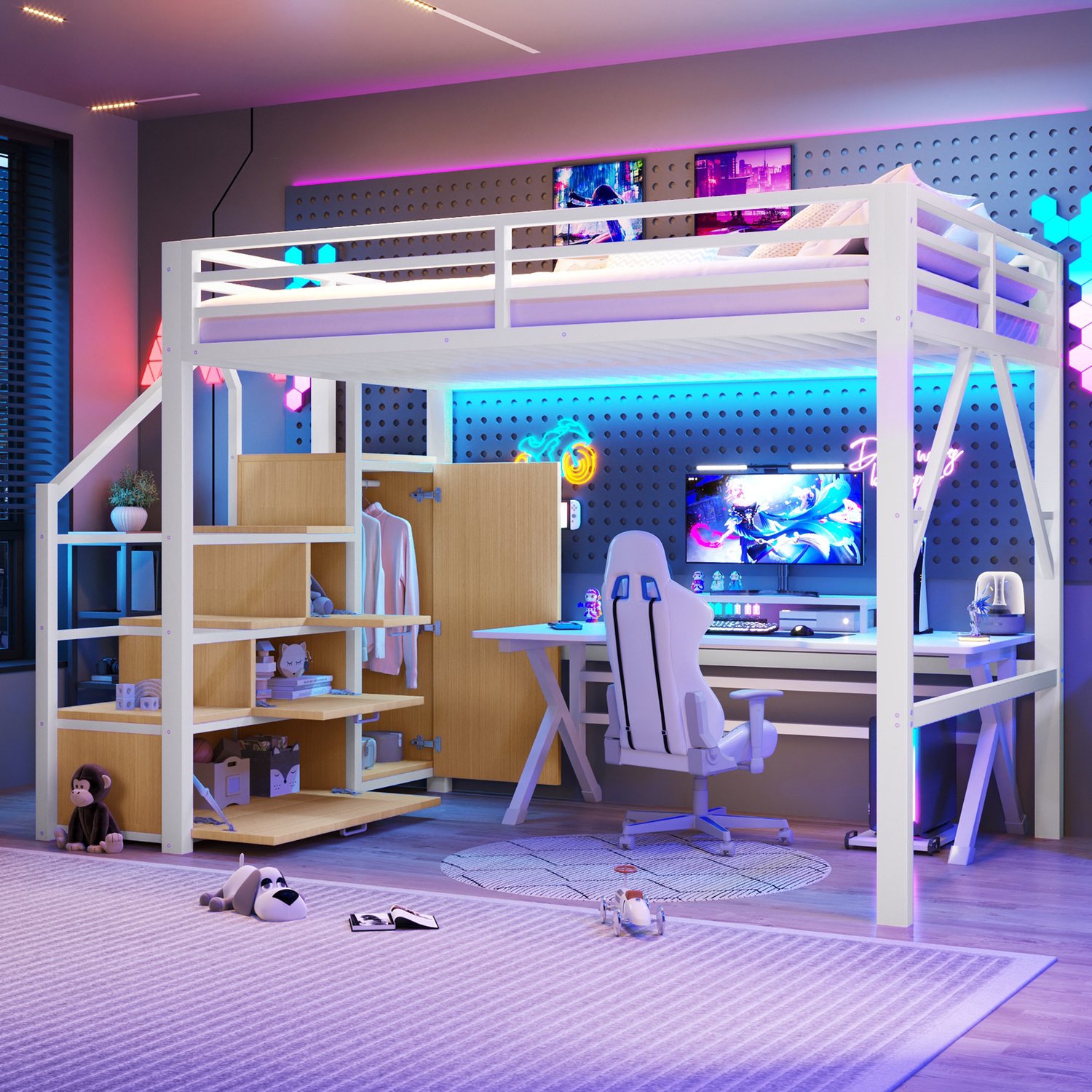 Kinderbed, Tweepersoonsbed, 140x200cm Metalen hoogslaper met opbergvakken en kledingkast, LED-verlichting, Wit