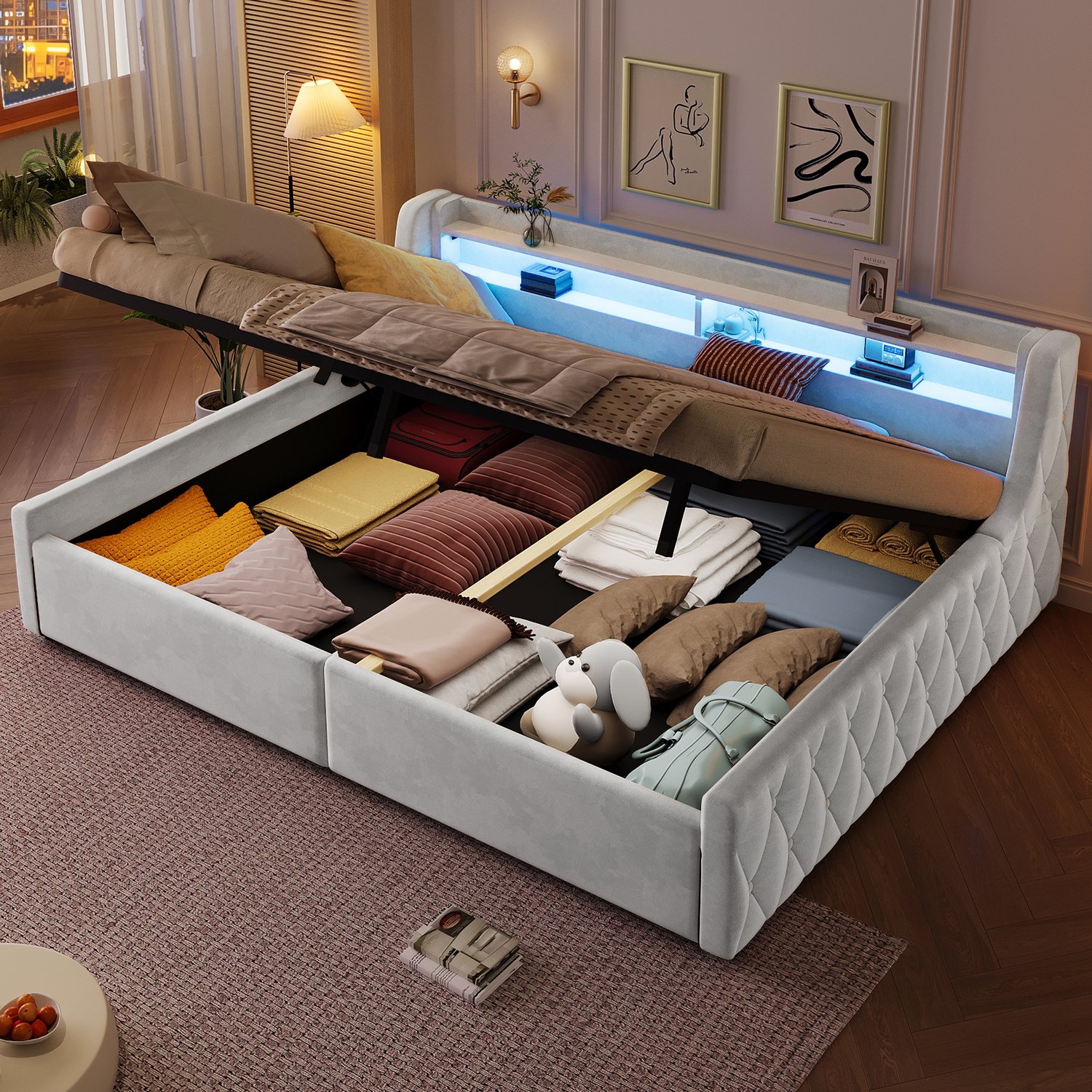 Zubaliya Kinderbed, Tweepersoonsbed, 140x200 Fluweel platformbed met hydraulische opbergruimte & LED-verlichting, Beige