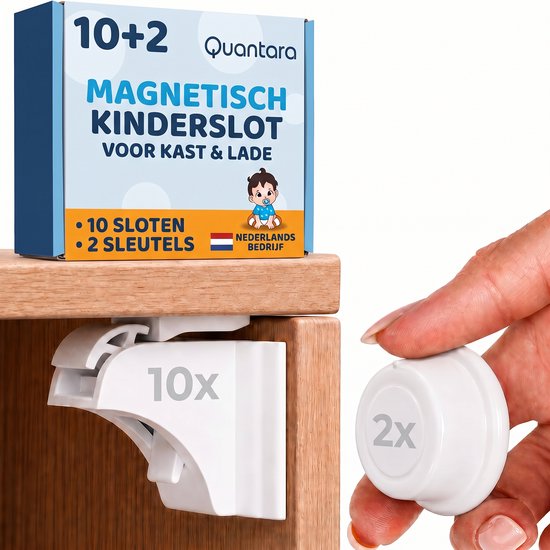 Quantara magnetisch kinderslot set met 10 sloten en 2 sleutels voor kasten en lades.