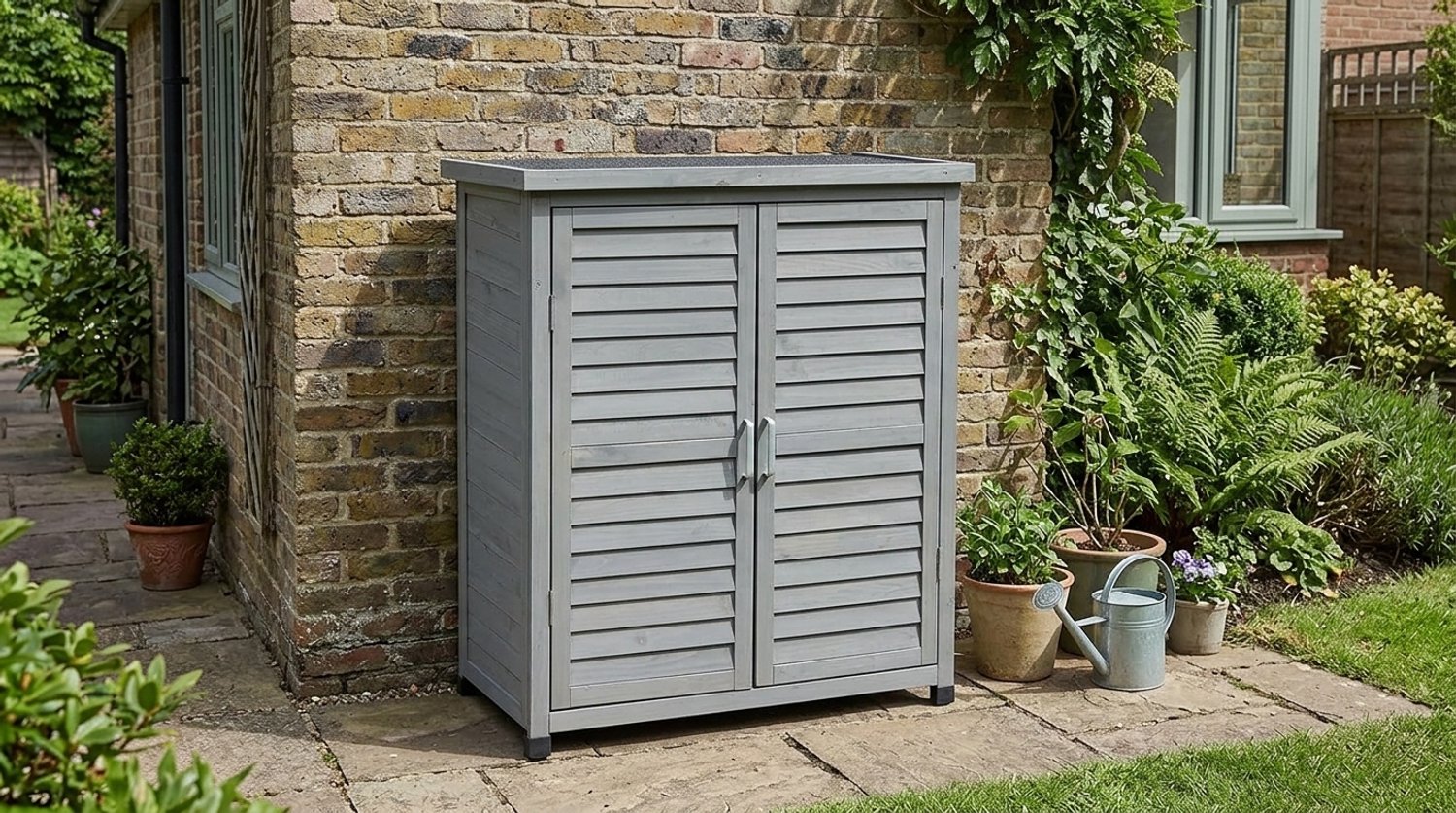 Laura Homestore Tuinkast voor Buiten – Houten Gereedschapskast met 3 Planken en Dubbele Deur – Grijs – 97 x 86,5 x 47 cm – Tuinopbergkast met Hellend Dak en Verstelbare Poten