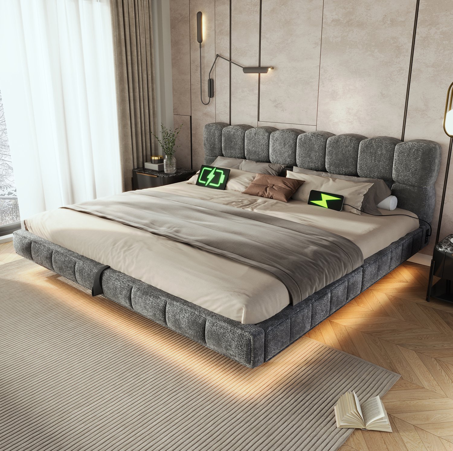 HAUSS SPOLE Gestoffeerd Bed 180x200 cm - Tweepersoonsbed met Hydraulische Opbergruimte - Ledverlichting en Oplaadpunten - Zonder Matras - Chenille - Grijs