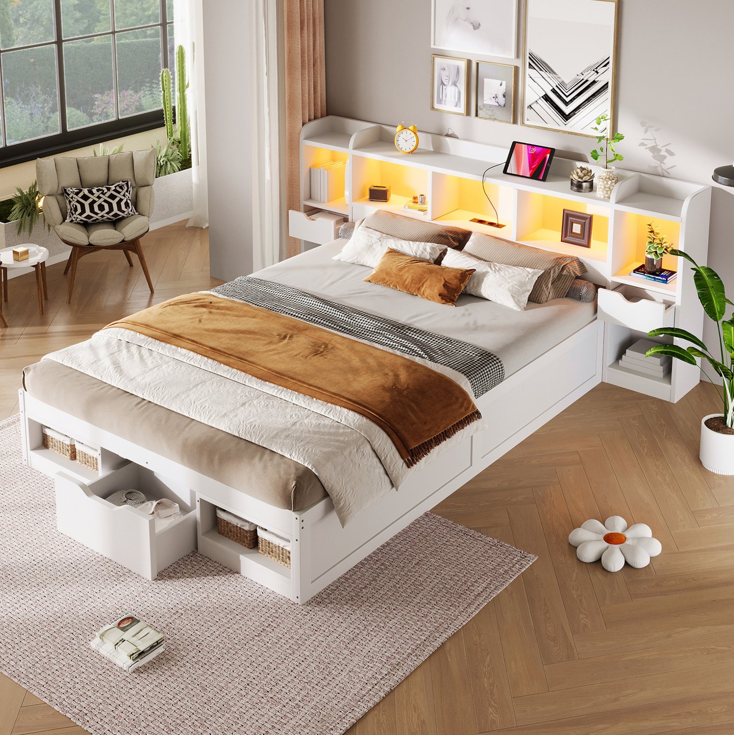 HAUSS SPOLE Bed 140x200 cm - Tweepersoonsbed met Opbergruimte - Hoofd- en Voeteneind met Laden en Ledverlichting - Zonder Matras - MDF - Wit