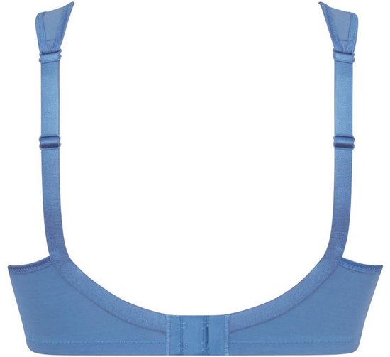 Achterzijde van een blauwe Anita Comfort Clara bh zonder beugel met verstelbare schouderbandjes en haaksluiting.