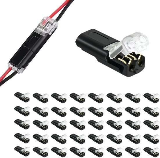 Set van 40 zwarte 2-pins draadconnectoren met transparante klepjes en gouden koperen contacten.