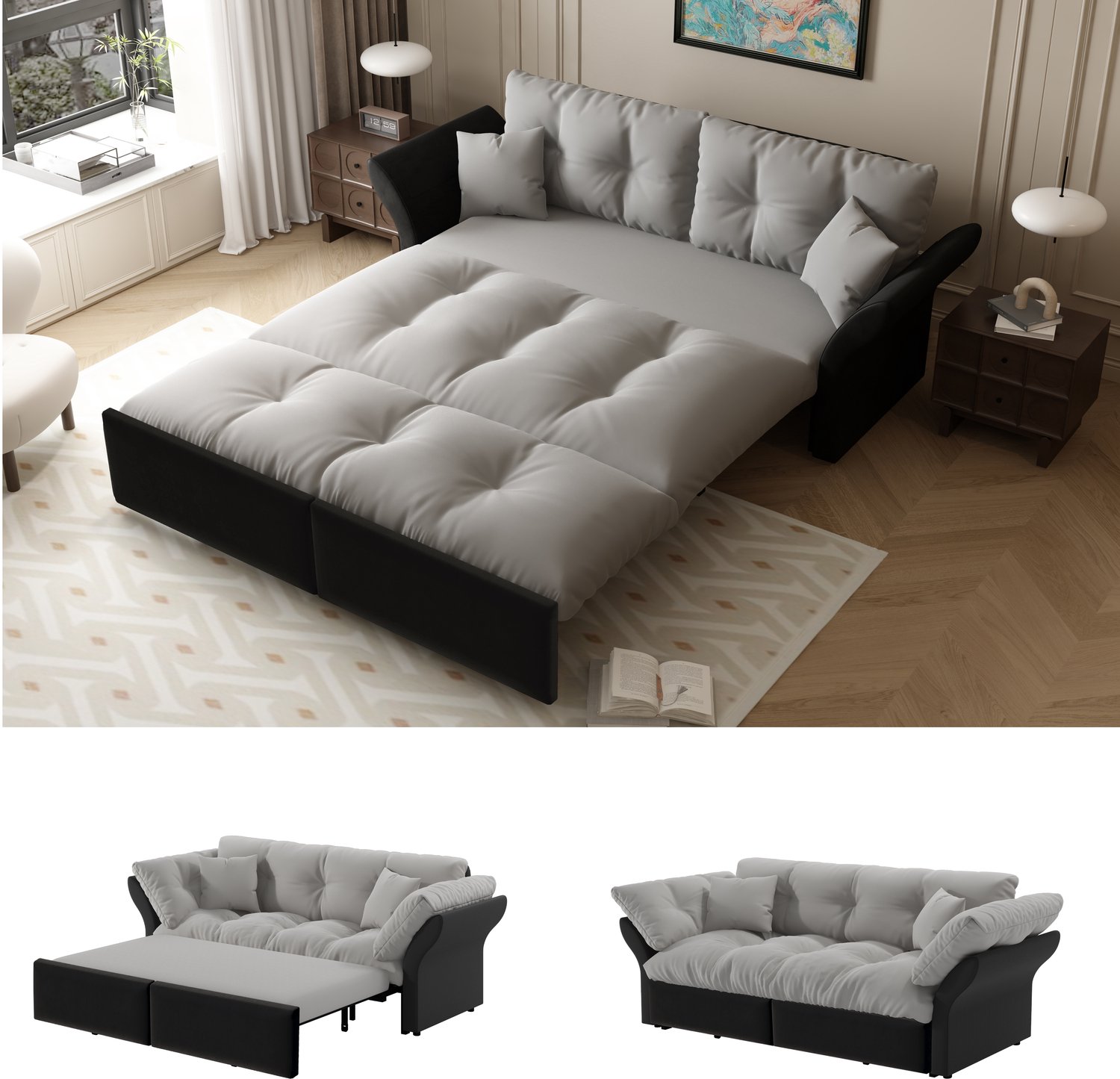 VVBV 3-in-1 Slaapbank 190 cm - Uittrekbare Tweezitsbank en Bed - Fluweel met 2 Kussens - Lichtgrijs