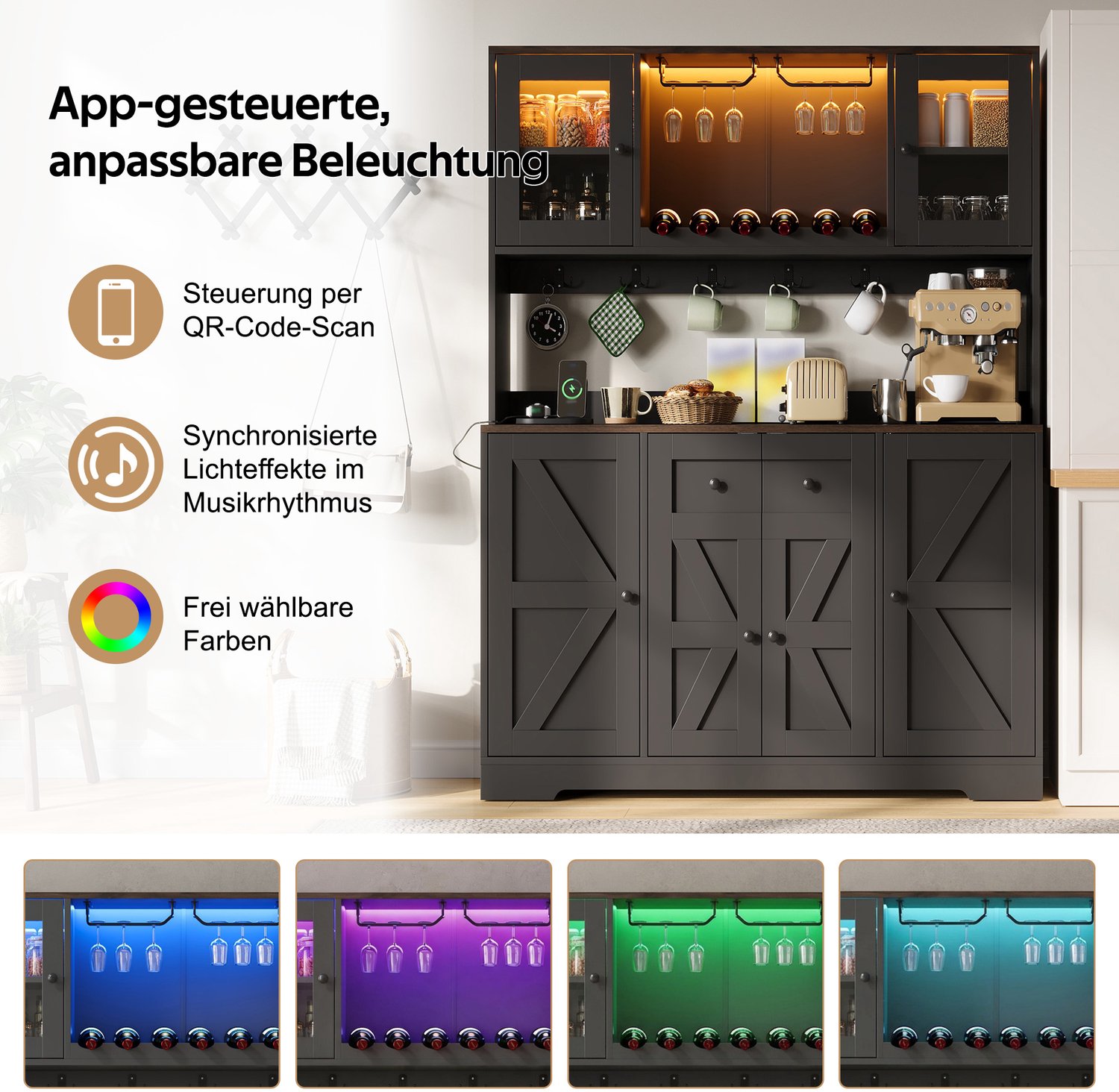 STILVORA Keukenkast - Hoge Kast Met Ledverlichting En Stopcontacten - Voor Keuken En Eetkamer - Mdf En Spaanplaat - Zwart - 140 x 40 x 173 cm