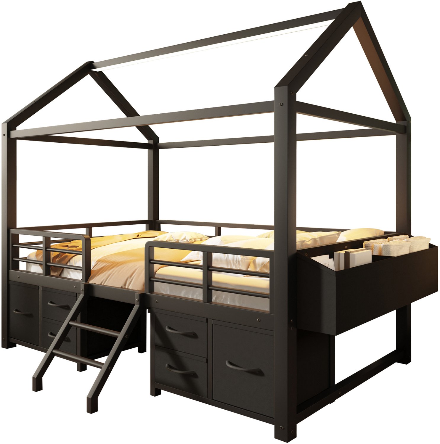REDOM Hoogslaper 90x200 cm met huisdak - Stoffen lades en LED-verlichting - Zwart