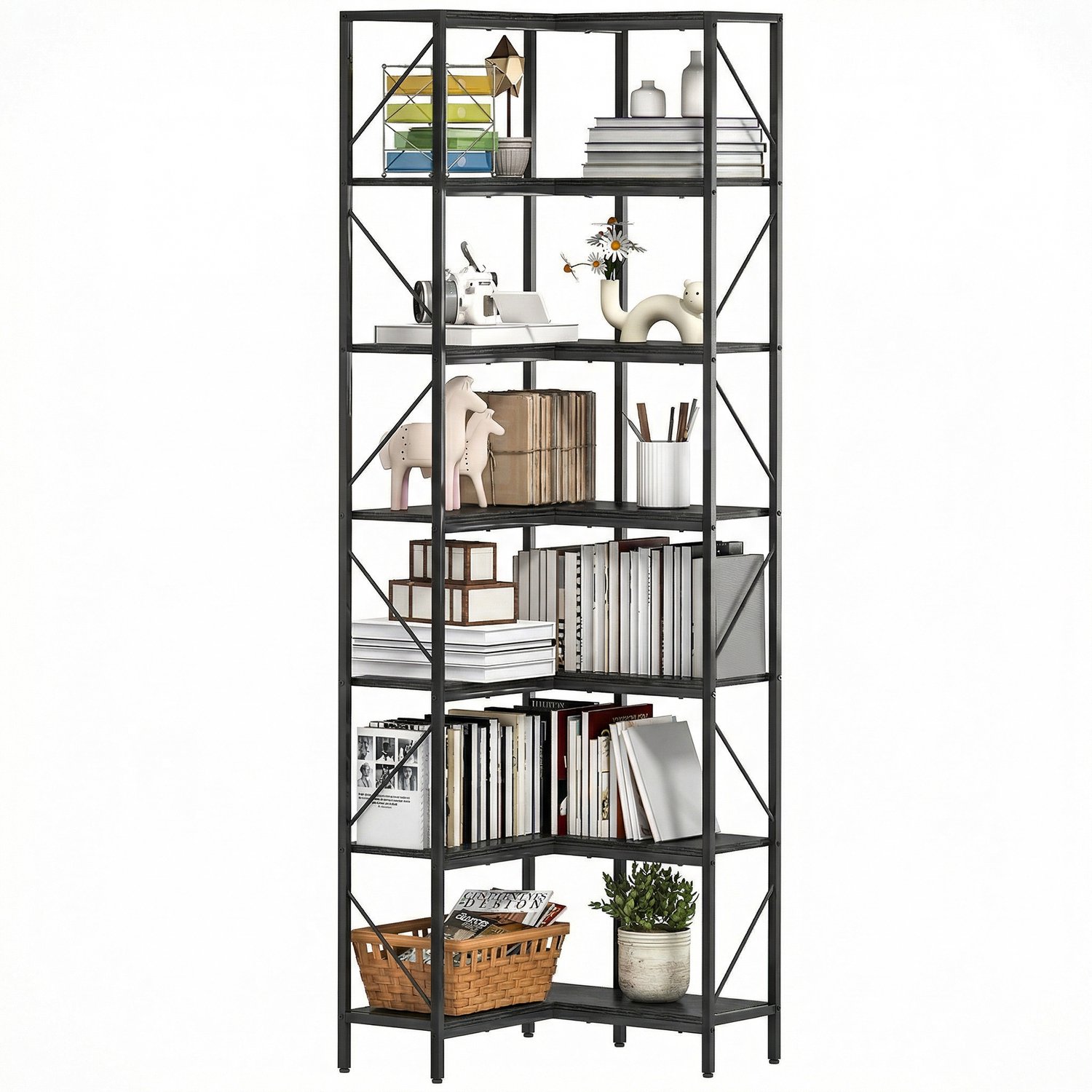 Lunpog Boekenkast - Hoekboekenkast met zeven planken in industriële stijl - 60 x 60 x 198 cm - Zwart