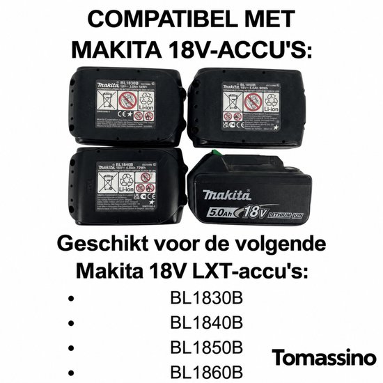 Overzicht van compatibele Makita 18V LXT-accu's: BL1830B, BL1840B, BL1850B en BL1860B.