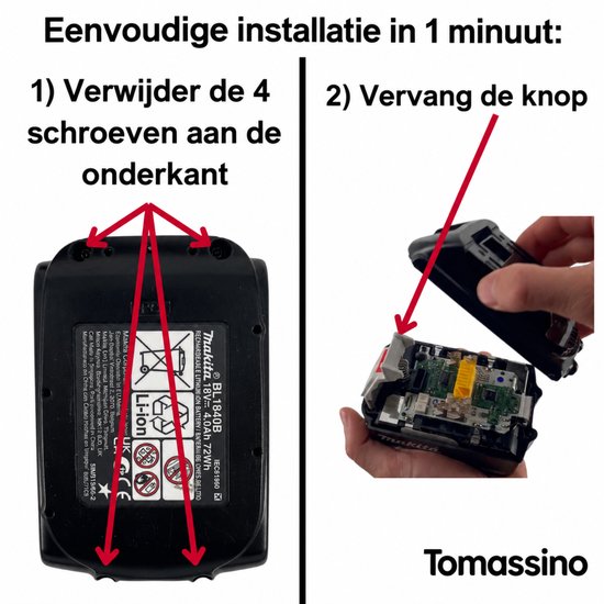 Instructiebeeld: 1) Schroeven onderkant accu verwijderen, 2) De knop vervangen.