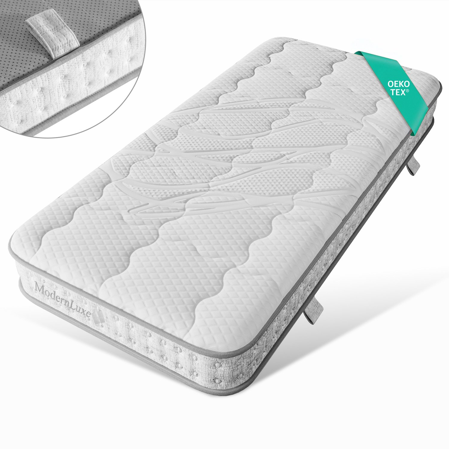 Wishdor Pocketveringmatras met 7 zones - H3 met koudschuim en 702 veren - Ademend en antislip met handgrepen - Voor buik, zij- en rugslapers - Wit polyester - 90 x 190 x 15 cm