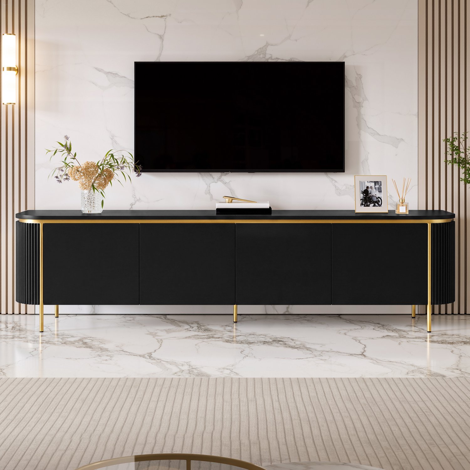 HAUSS SPOLE Tv-Meubel - Zes Deuren en Kabeldoorvoer - Voor de Woonkamer - Mdf met IJzeren Poten - 180 x 38 x 46 cm - Zwart