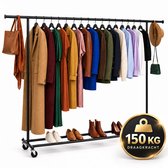 Lumeva XXL Stevig Kledingrek op Wielen – Verrijdbaar Garderoberek Uitschuifbaar 160-200 cm – 150 kg Draagvermogen – Zwart Metaal