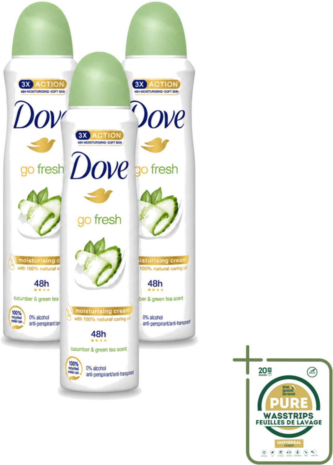 3 x Dove - Deodorant - Go Fresh Cucumber & Green Tea - Frisse en kalmerende geur - 150 ml - Wasstrips - Dove Go Fresh - Cucumber & Green Tea - Deodorant Spray - Fris - Kalmerend