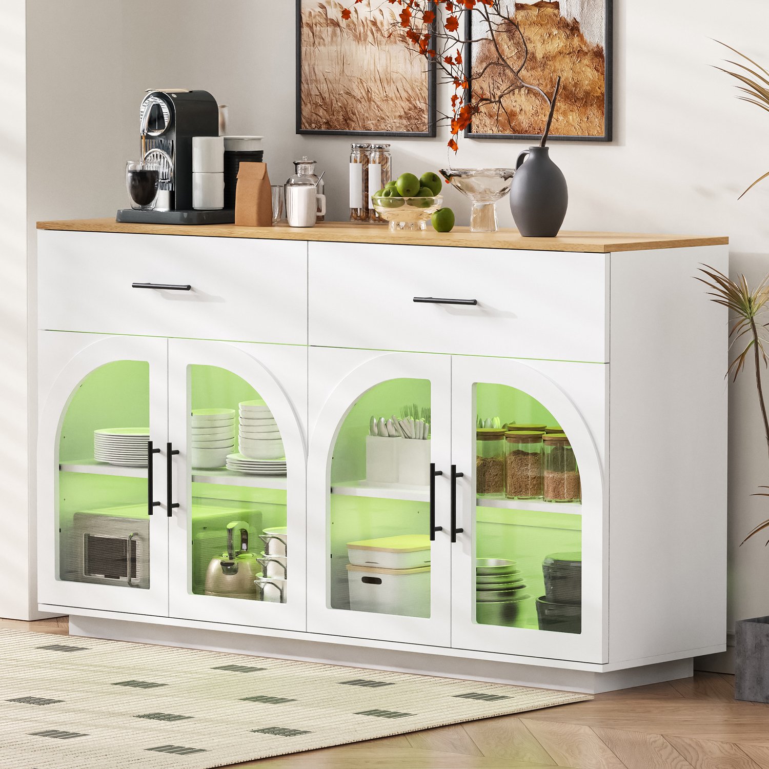 HAUSS SPOLE Keukenkast - Ledverlichting En Werkblad - 2 Laden En 4 Deuren Voor Keuken En Eetkamer - Mdf En Plaatmateriaal - 147x40x86 Cm - Wit Wit met licht houten blad
