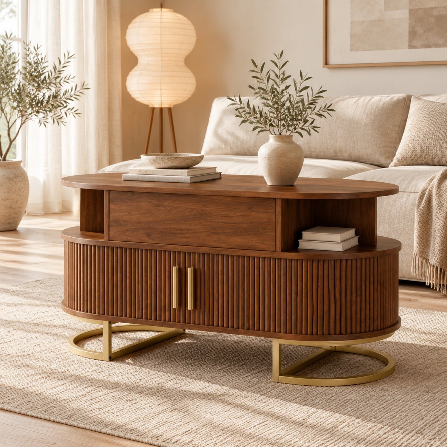 HAUSS SPOLE Salontafel - Ovaal Met Verstelbaar Blad En Opbergruimte - Voor Woonkamer - MDF En Staal - Walnootkleur - 100x50x64 Cm