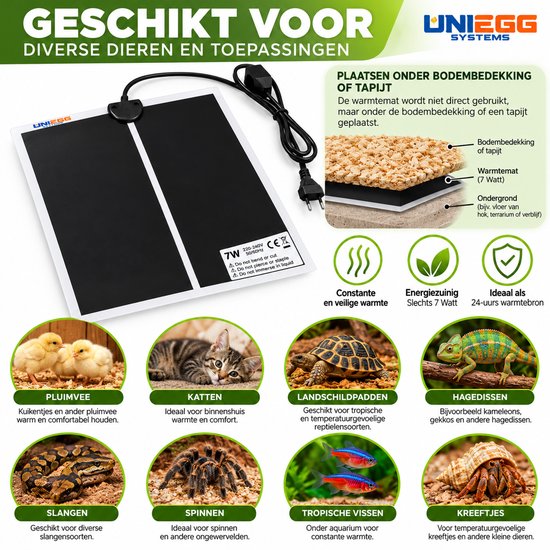 Warmtemat 7W met uitleg over gebruik onder bodembedekking voor diverse dieren zoals kuikens, katten en reptielen.