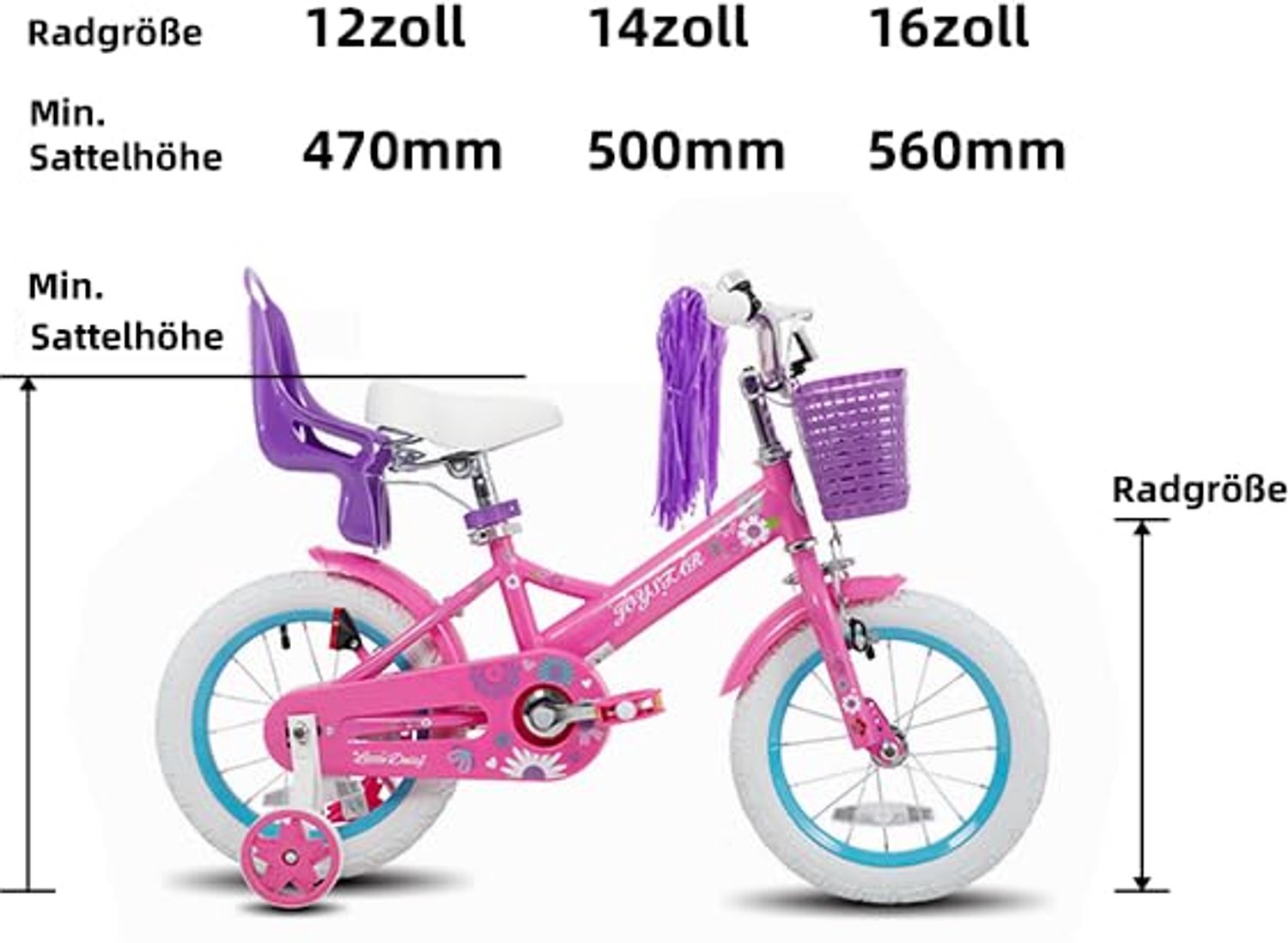 Kinderfiets met steunwielen - 12/14/16 inch - Meisjesfiets met poppenzitje en slingers
