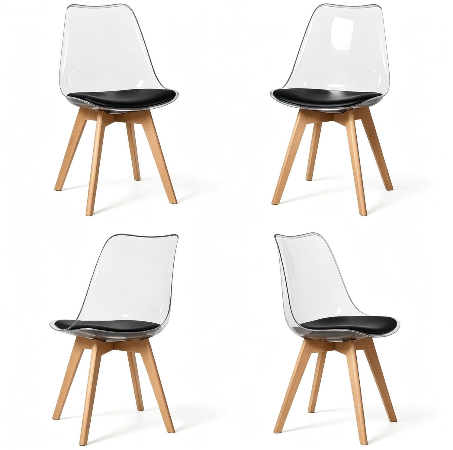REDOM Eetkamerstoelen set van 4 - 83 cm hoog - Kunststof zitting met kunstleren kussen en houten poten - Zwart Wit