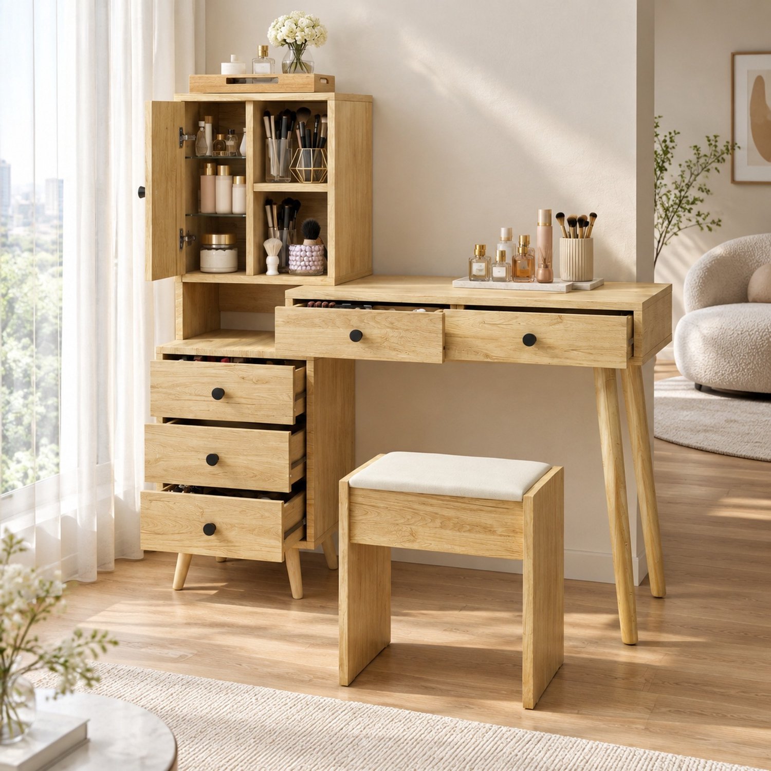 Wishdor Kaptafel met uitschuifbaar tafelblad - Uittrekbare spiegel en 5 lades - Meerlaags zijkastje - Inclusief gestoffeerde kruk - Moderne Scandinavische stijl - Slaapkamer - Houtlook - Naturel en beige