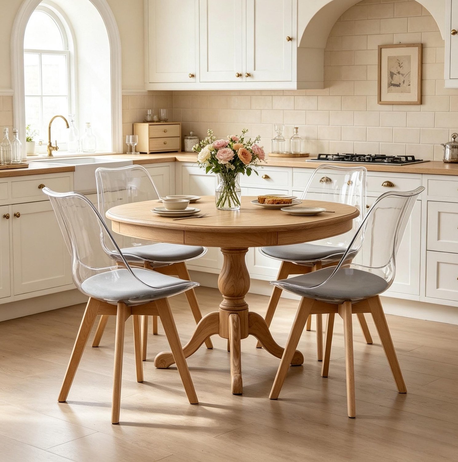 HAUSS SPOLE Eetkamerstoelen - Set van 4 Grijze Kuipstoelen - Met Vast Kunstleren Zitkussen en Houten Poten - Voor Eetkamer en Keuken Grijs