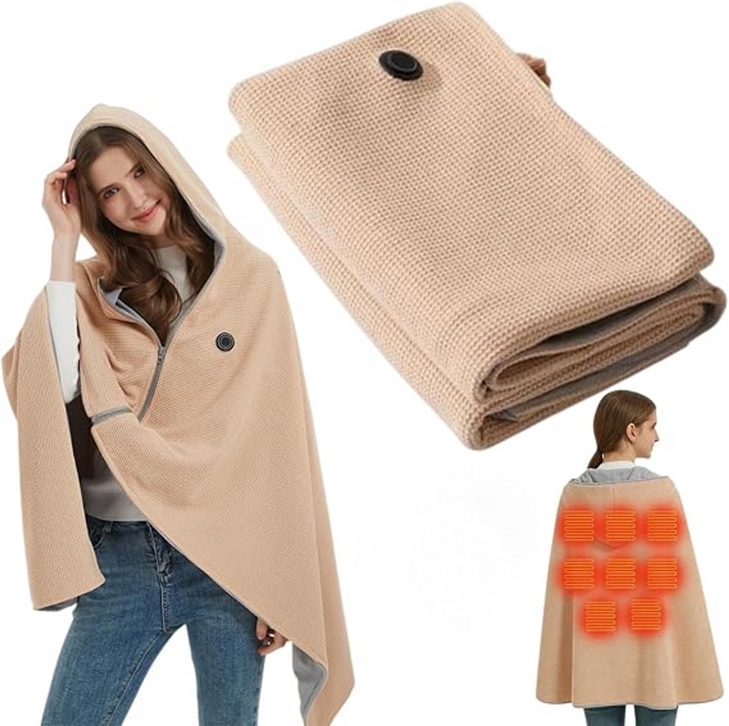 Elektrische deken - 150x80cm - Hoodie Deken - 3 Standen - Oplaadbare elektrische deken - elektrisch deken - Dames Verwarmde Schoudermantel - verwarmde deken - USB-oplaadbaar - Cape-Warmtedeken Oplaadbaar - voor kantoor, bank, reizen en kamperen