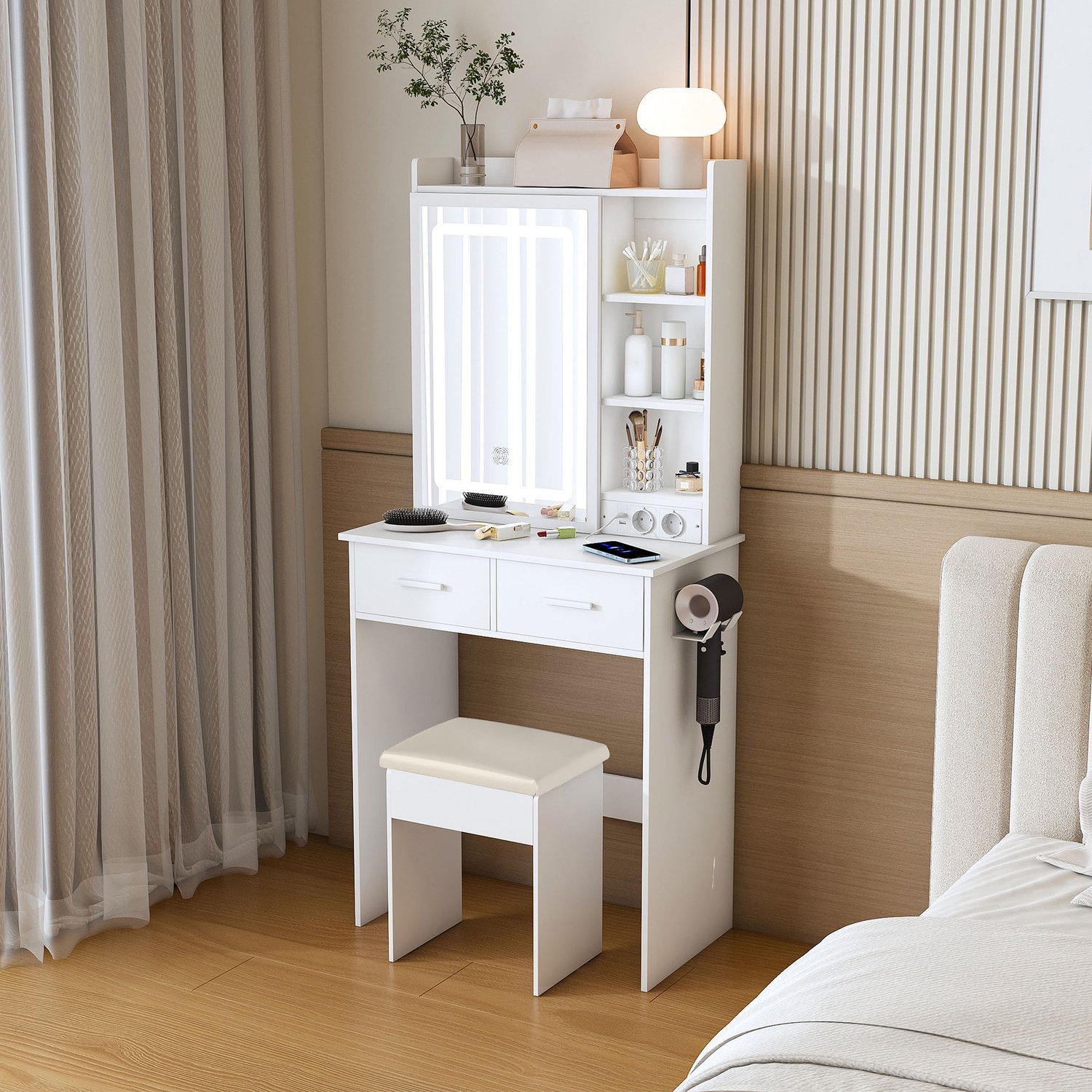 MEUNIQ Kaptafel met spiegel en verstelbare ledverlichting, 2 lades, open vakken, USB-aansluitingen en stopcontacten, inclusief gestoffeerde kruk, wit, 60 cm breed