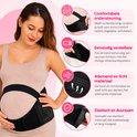 Zwangere vrouw met zwarte buikband, details van klittenband en ademend materiaal.