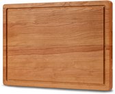 Kersen houten snijplank met sapgeul, gezien vanuit een hoek, toont de warme roodbruine houtnerf.