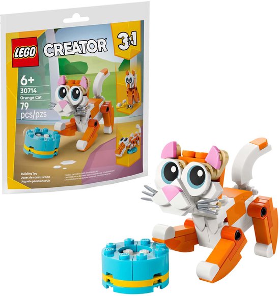 LEGO Creator 3-in-1 Oranje Kat. Oranje en witte kat met grote blauwe ogen en een blauwe voerbak.
