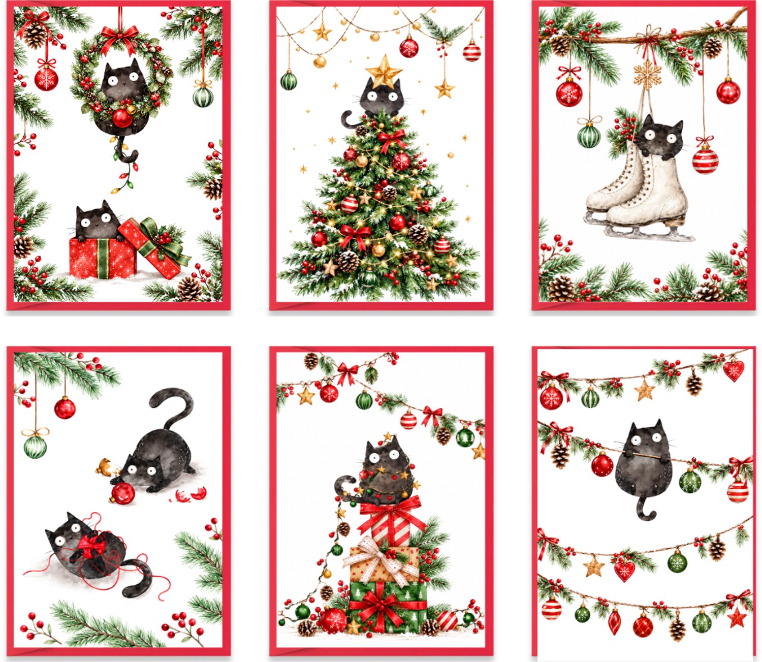 Set van 6 Kerstkaarten en Nieuwjaarskaarten – 10 x 15 cm – Met enveloppen – Enkelzijdig bedrukt – Zwarte Katten en Kerstillustraties