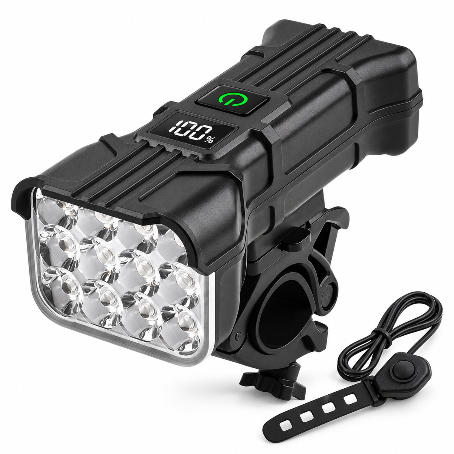 Cloudy Fietsvoorlicht met Claxon – 12 LED’s – 5 Lichtstanden – Digitale Accuweergave – USB-C Oplaadbaar – Zwart