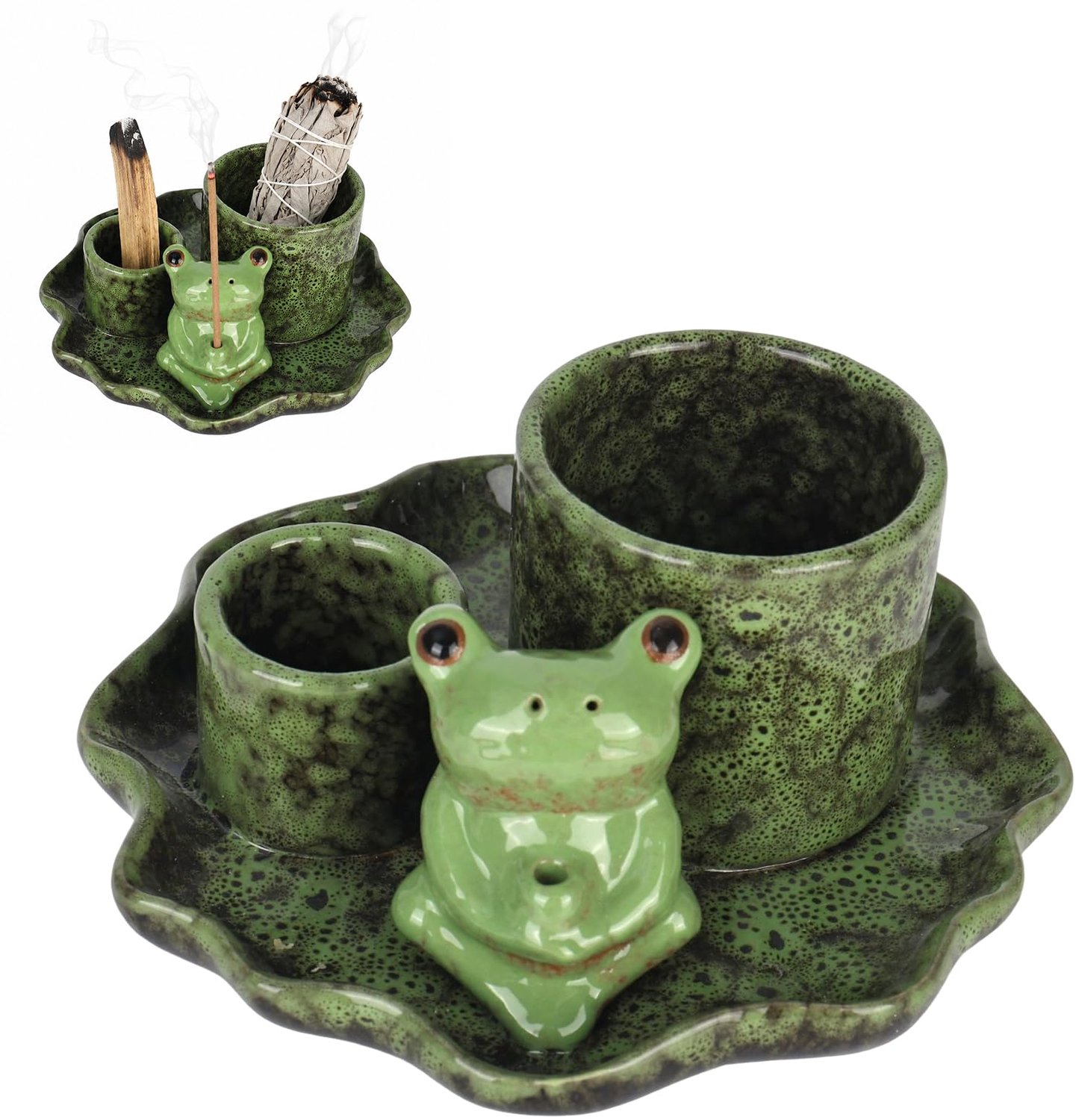 4-in-1 Keramische Wierookschaal met Kikker en Lotusblad