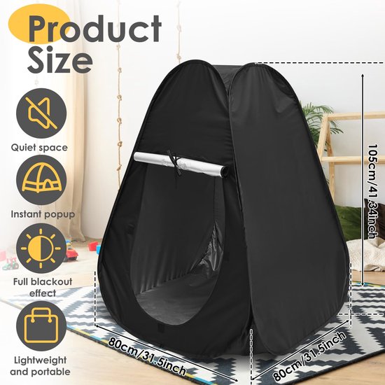 Sensorische Tent - Pop-up Grot - Zwarte Kindertent - Speeltent Binnen/Buiten - Ruim Interieur 80 x 80 x 105 cm - Ontspanning/Hulpmiddel bij Autisme — afbeelding 5