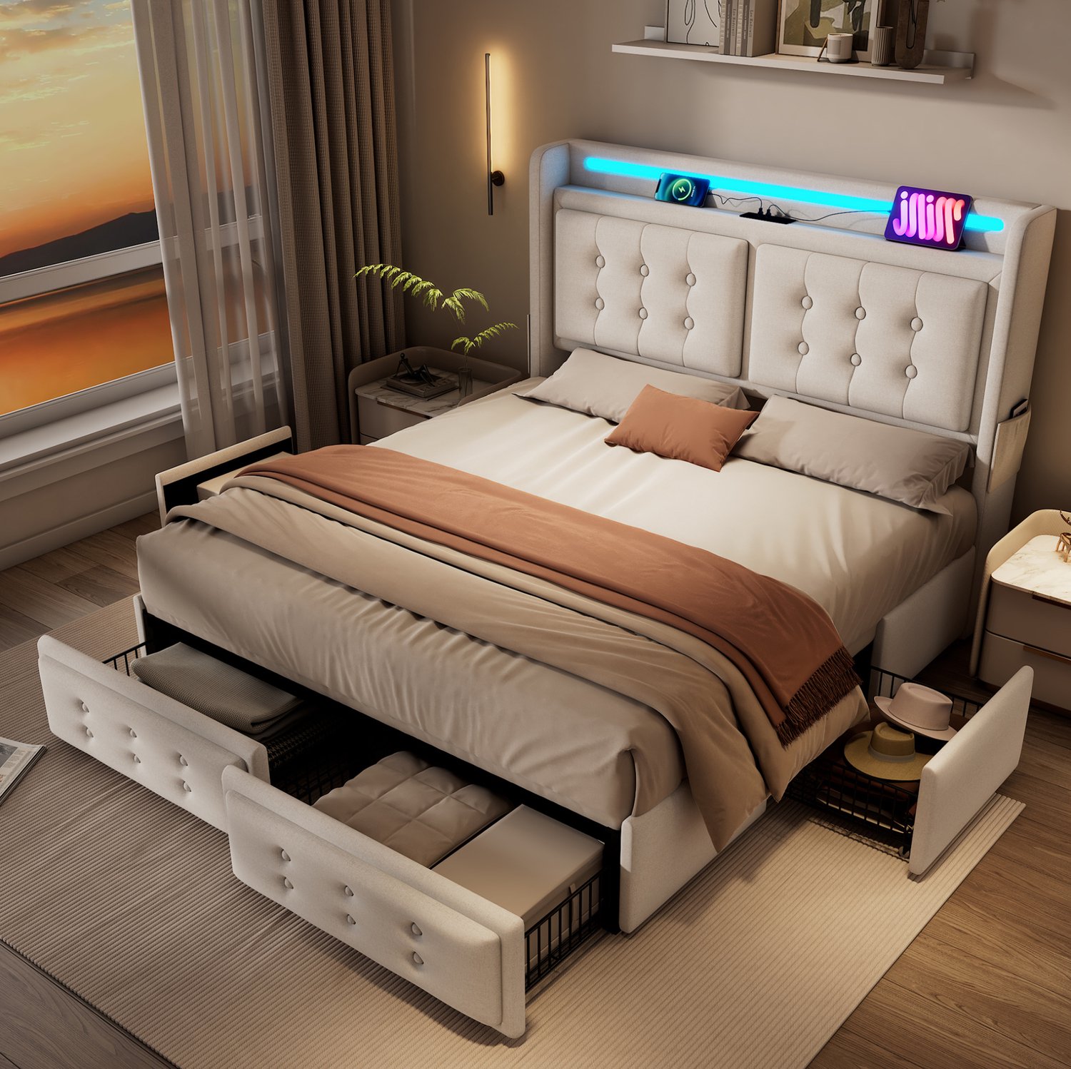 MEUNIQ Gestoffeerd tweepersoonsbed 180 x 200 cm met led-hoofdbord, USB- en USB-C-aansluiting, 4 lades en lattenbodem, beige bedframe voor de slaapkamer