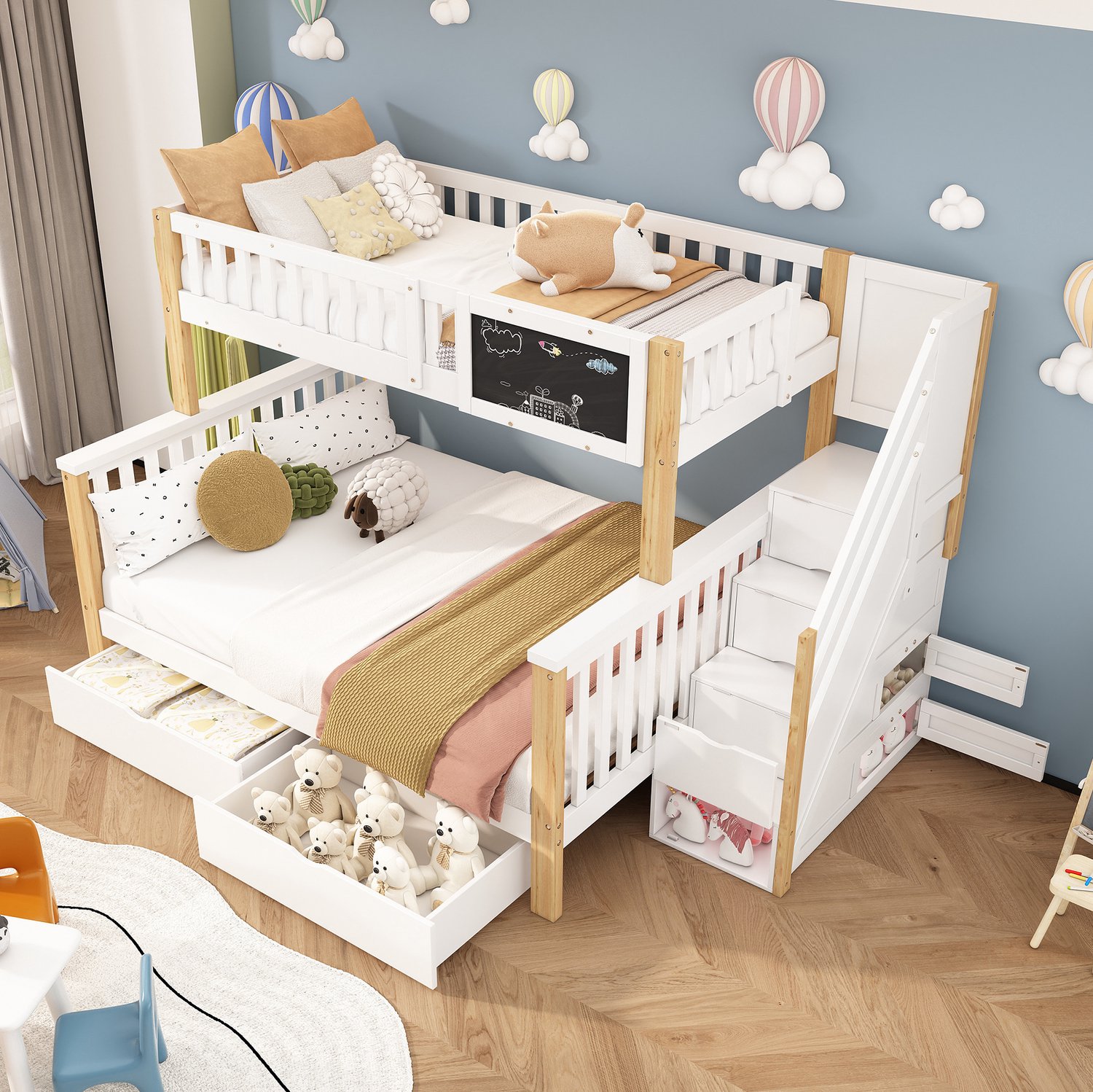 Kinderstapelbed 90x200 cm en 140x200 cm - Met Krijtbord, Opbergtrap en Laden - Zonder Matras - Hout en MDF - Wit en Licht Eiken