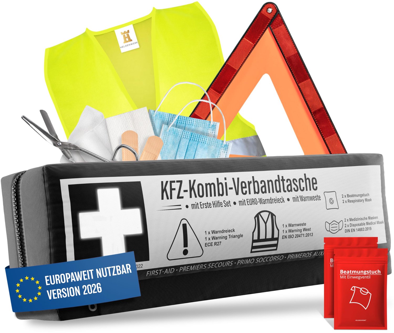 Eerste Hulp Kit 3-in-1 volgens standaard 2026 - Inclusief Gevarendriehoek en Veiligheidsvest