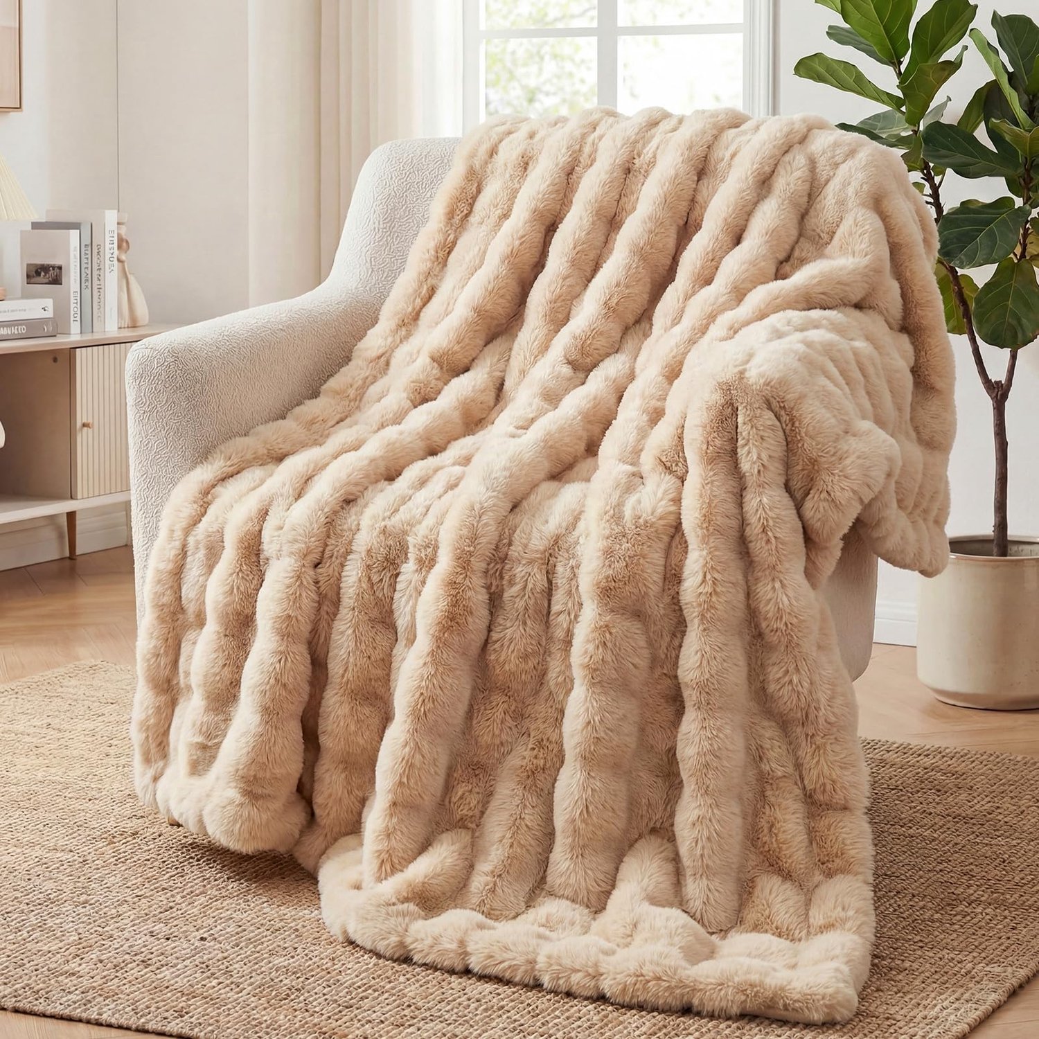 Fluffy Fleece Dekentje - Rabbit Themed Khaki