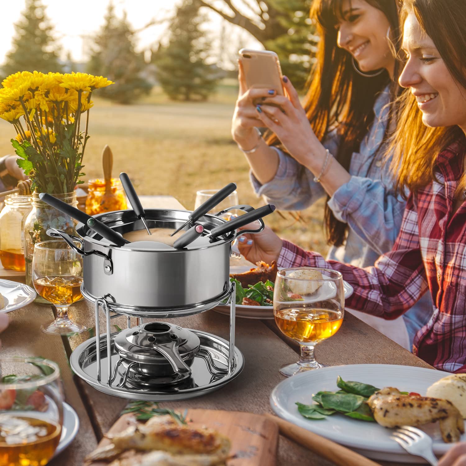 Kaasfondueset voor 6 Personen – RVS Fonduepan – Inclusief Brander, Spatbescherming en 6 Vorken – Zilver – foto 3