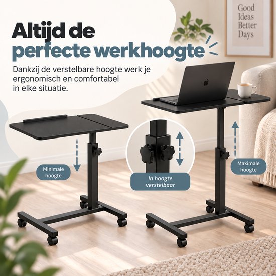 Zwarte laptoptafel in minimale en maximale hoogte getoond, met in hoogte verstelbare knop.