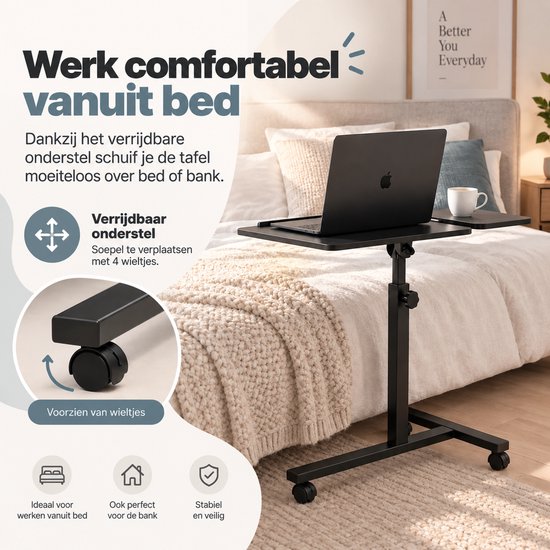 Zwarte verrijdbare laptoptafel bij een bed, met vier soepele wieltjes voor eenvoudige verplaatsing.