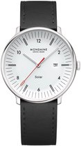 Mondaine herenhorloge met witte wijzerplaat, zilverkleurige kast en zwart leren band. Solar aandrijving.