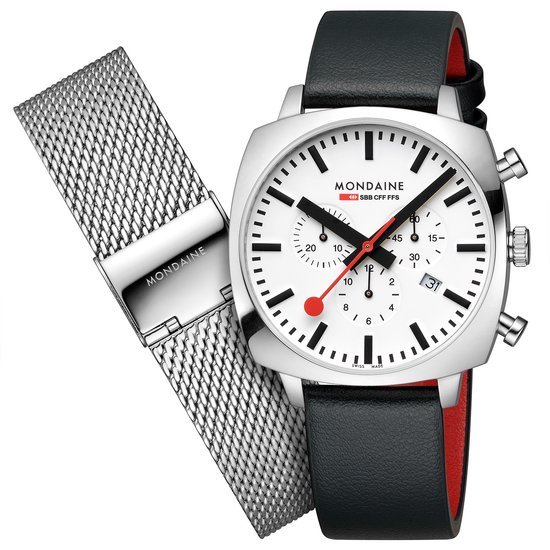 Zilverkleurig horloge met witte wijzerplaat, zwarte leren band met rode voering en zilverkleurige Milanese band ernaast.