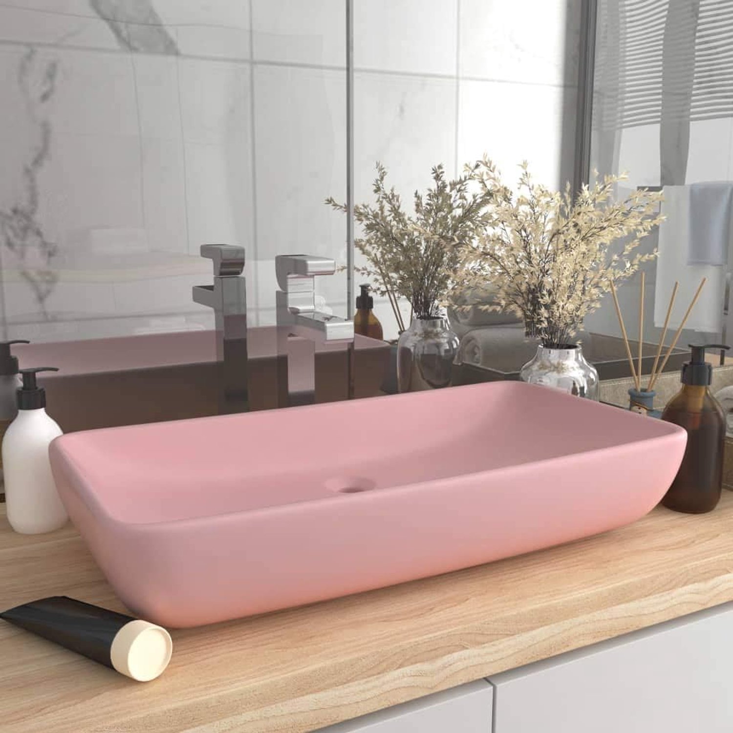 Wastafel rechthoekig 71x38 cm mat roze