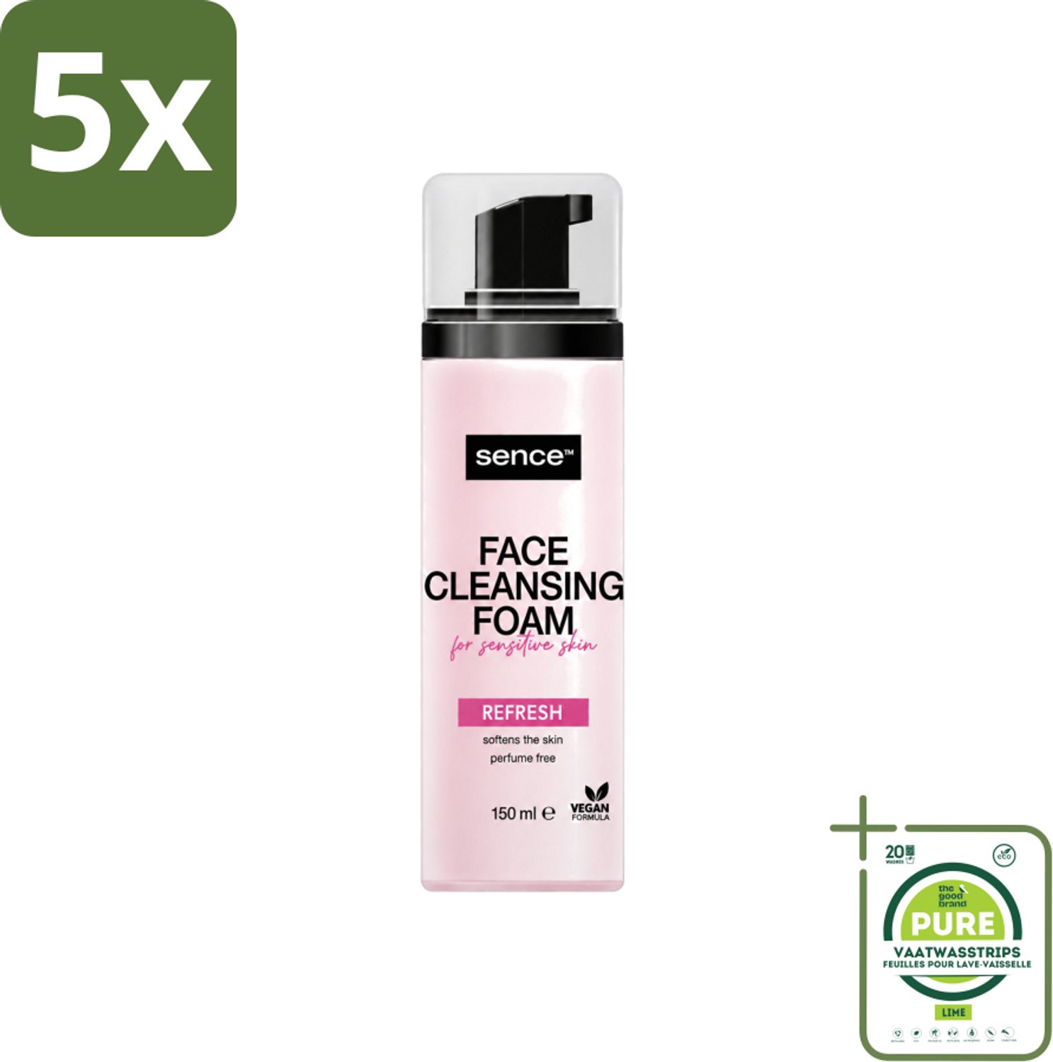 5 x Sence - Gevoelige Huid - Gezichtsreiniger - Foam - 150 ml - Grootverpakking - Vaatwasstrips - Gevoelige Huid Reinigen - Gezichtsreiniger Foam - Poriën Reinigen - Make-up Verwijderen - Kalmerende Reiniger