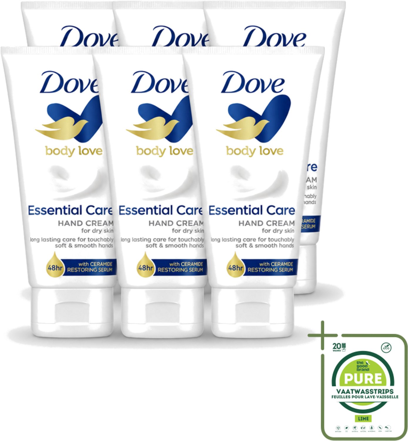 6 x Dove - Handcrème - Body Love Essential Care - Hydraterend - Droge huid - 75 g - Grootverpakking - Vaatwasstrips - Handcrème - Droge Huid - Hydrateren - Huidbarrière - Handen Verzorgen