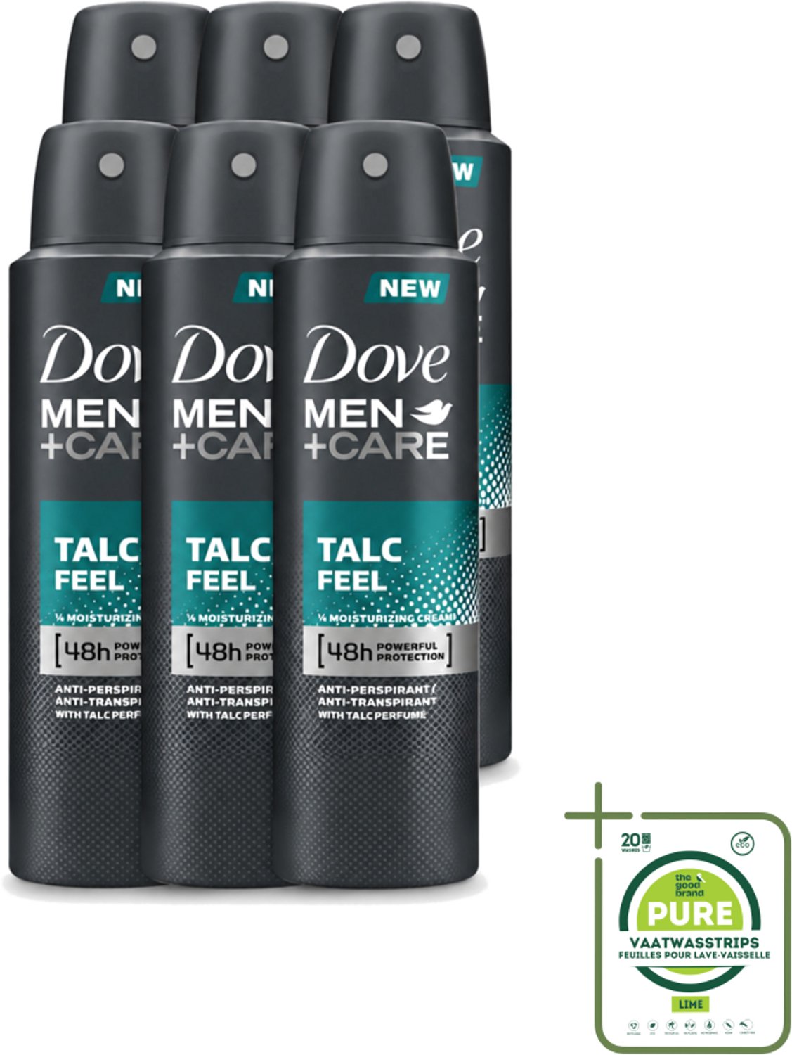 6 x Dove - Deodorant - Men Care Talc Feel - Zachte en verzorgende bescherming - 150 ml - Grootverpakking - Vaatwasstrips - Deodorant Spray - Zweetbehandeling - Frisheid - Huidbescherming - Poederachtig Gevoel