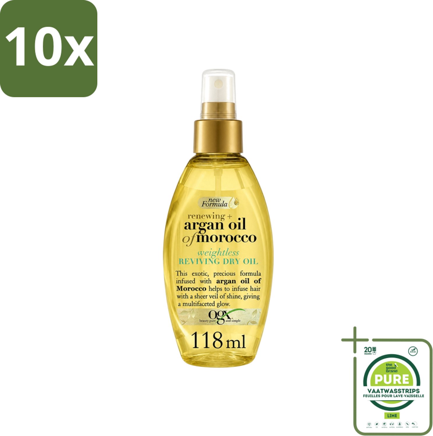 10 x OGX - Argan Oil of Morocco - Haarolie - Gewichtloos - Reviving Dry Oil - 118 ml - Grootverpakking - Vaatwasstrips - Haarolie - Arganolie - Droog Haar - Glans - Gezond Haar