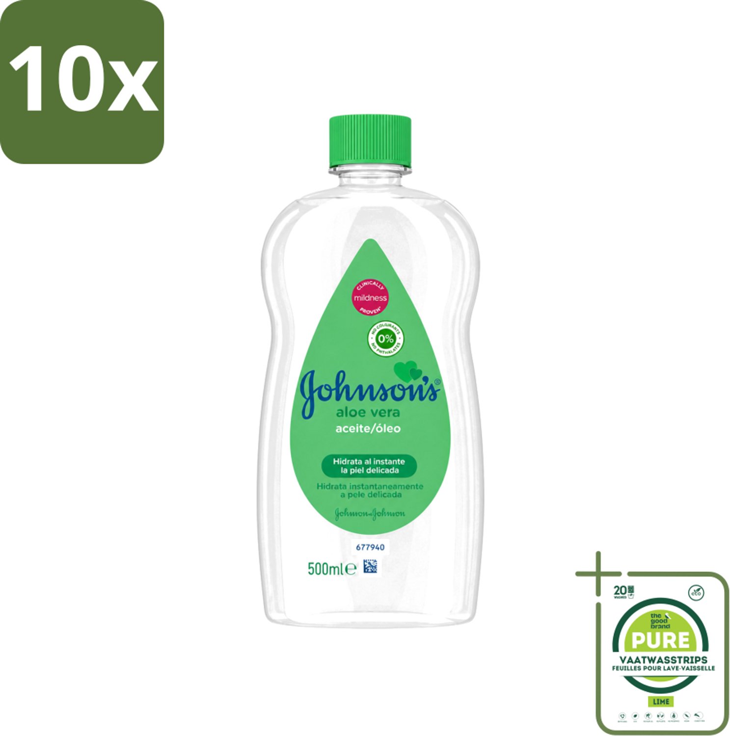 10 x Johnson's - Baby Olie - Aloe Vera - Hydrateerd Gevoelige Huid - 500 ml - Grootverpakking - Vaatwasstrips - Babyolie - Aloe Vera - Gevoelige Huid - Melkkorst Verwijderen - Hydraterende Olie
